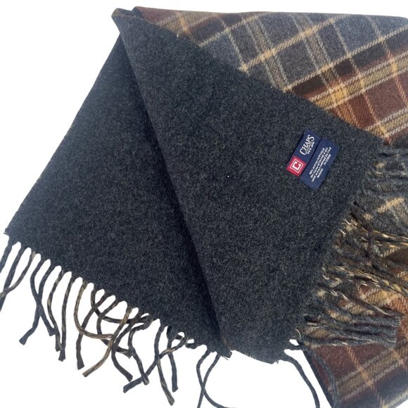 Chaps Plaid Scarf Mens Fringe Edge Brown Gray Italy Warm Winter Soft - Picture 3 of 4
